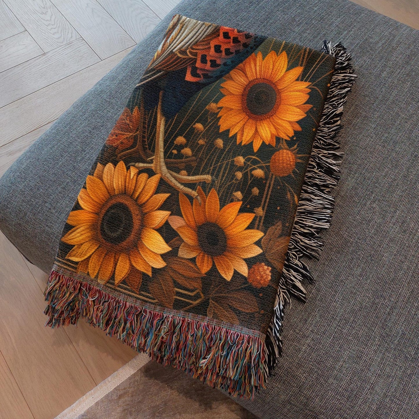 Autumn Pheasant & Sunflowers Woven Blanket, Vintage Farmhouse Fall Throw, Cozy Wildlife Nature Tapestry Blanket