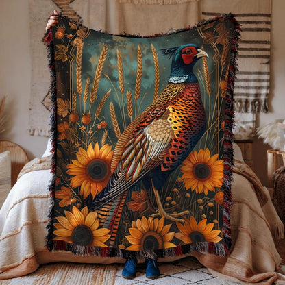 Autumn Pheasant & Sunflowers Woven Blanket, Vintage Farmhouse Fall Throw, Cozy Wildlife Nature Tapestry Blanket