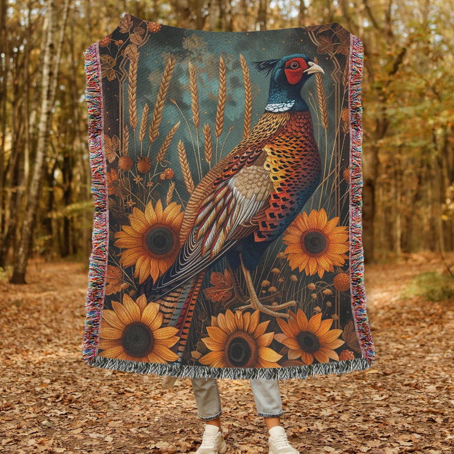 Autumn Pheasant & Sunflowers Woven Blanket, Vintage Farmhouse Fall Throw, Cozy Wildlife Nature Tapestry Blanket