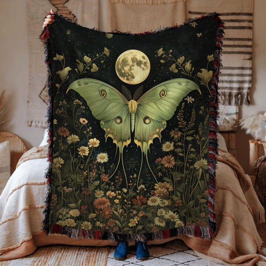 Luna Moth Night Full Moon In The Style Of William Morris Inspired Woven Blankets