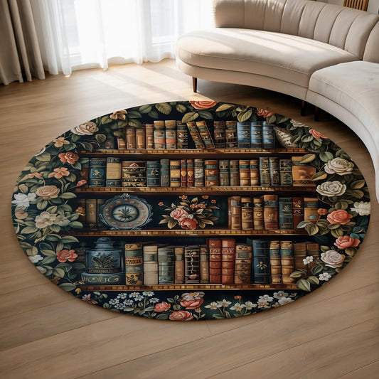 Vintage Library Bookshelf Round Rug, Dark Academia Floral Book Lover Decor