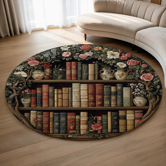Vintage Library Bookshelf Round Rug, William Morris Inspired Dark Academia Floral Book Lover Decor