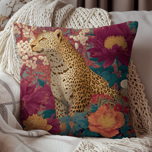 Cheetah Throw Pillow: William Morris Floral Jungle, Boho Cottagecore