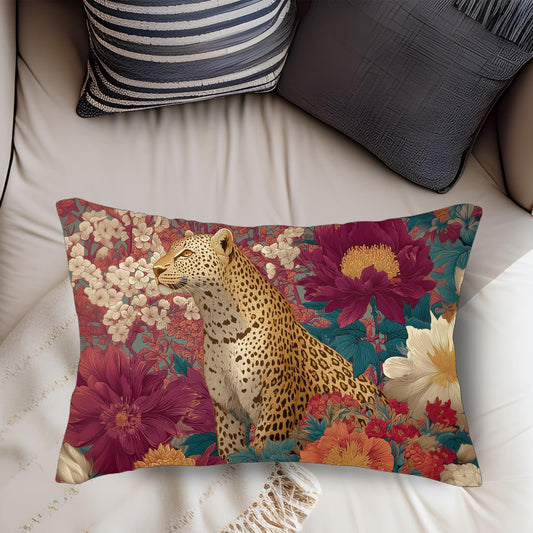 Floral Cheetah Lumbar Pillow, Botanical Jungle Cushion, Exotic Animal Home Decor Accent
