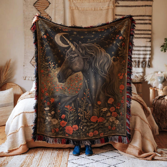 Victorian Black Unicorn Crescent Moon Stars Art Woven Blanket, William Morris Style - Home Decor Gift, Cozy Throw, Bedspread, Wall Tapestry
