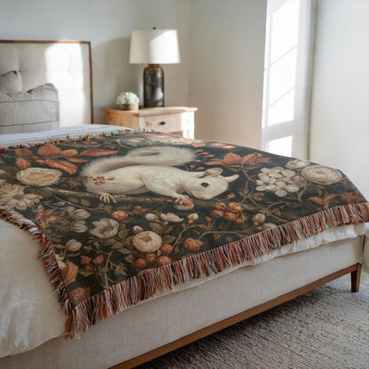 William Inspired Woodland White Squirrel Fall Autumn Forest Woven Blanket, Cozy Fall Home Decor Cotton Blanket