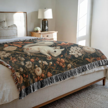 William Inspired Woodland White Squirrel Fall Autumn Forest Woven Blanket, Cozy Fall Home Decor Cotton Blanket