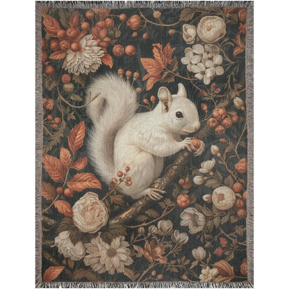 William Inspired Woodland White Squirrel Fall Autumn Forest Woven Blanket, Cozy Fall Home Decor Cotton Blanket