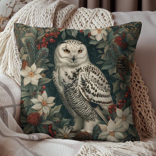 William Morris Inspired Snowy Owl Pillow, Winter Woodland Christmas & Cottagecore Pillow Home Décor