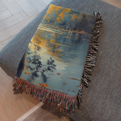 Woven Heron Woven Blanket, Autumn Lake Scene, Nature-Inspired Bird Throw, Cozy Tapestry Blanket for Wildlife Bird Lovers