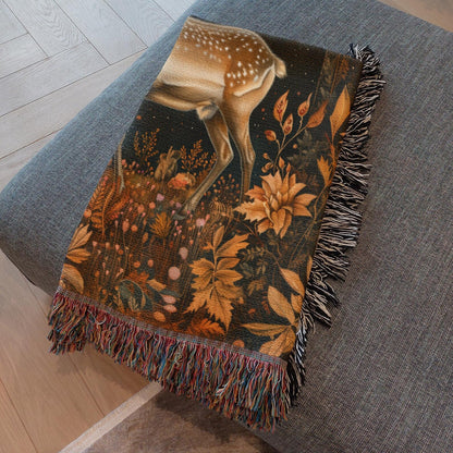 Reindeer Fall Forest Woven Blanket, Cozy Home Decor, William Morris Inspired Cotton Blanket
