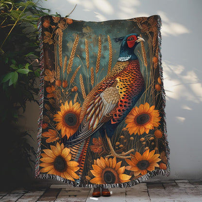 Autumn Pheasant & Sunflowers Woven Blanket, Vintage Farmhouse Fall Throw, Cozy Wildlife Nature Tapestry Blanket