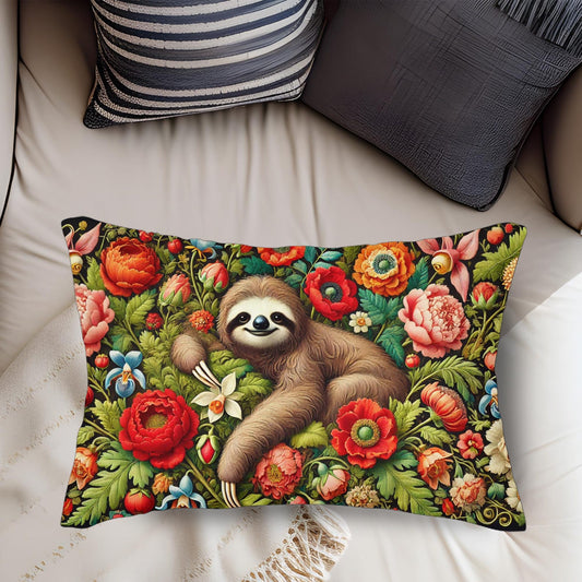 Whimsical Sloth Lumbar Pillow | Colorful Floral Cushion for Nature Lovers, Home Decor, Gift for Sloth Enthusiasts, Cozy Living Room Accent,