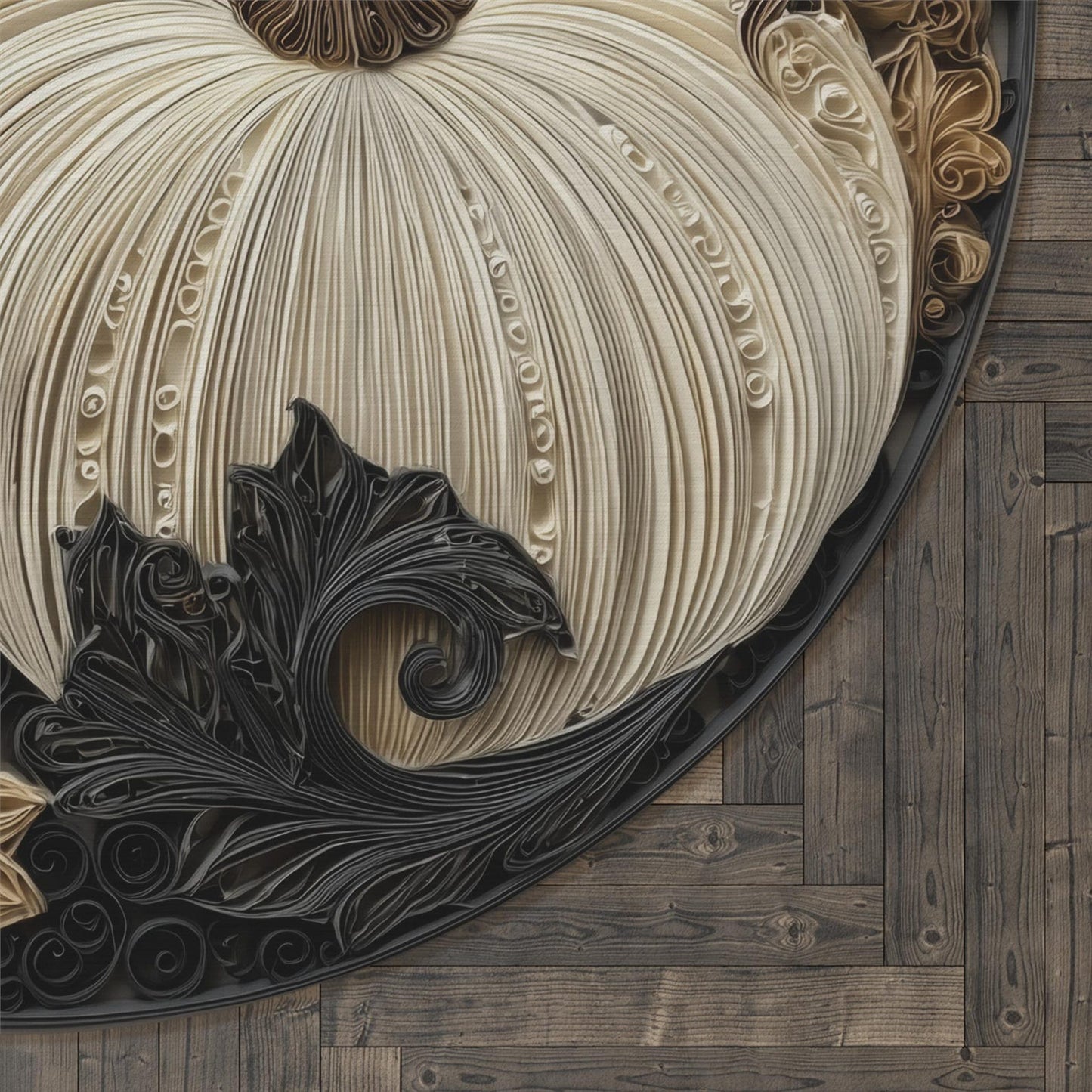 Neutral Pumpkin Round Rug, 5ft Quilled Fall Pumpkins in Black & Cream, Elegant Autumn Floral Scroll Art Area Rug