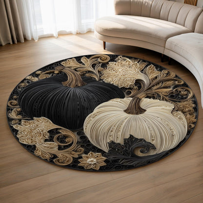 Neutral Pumpkin Round Rug, 5ft Quilled Fall Pumpkins in Black & Cream, Elegant Autumn Floral Scroll Art Area Rug