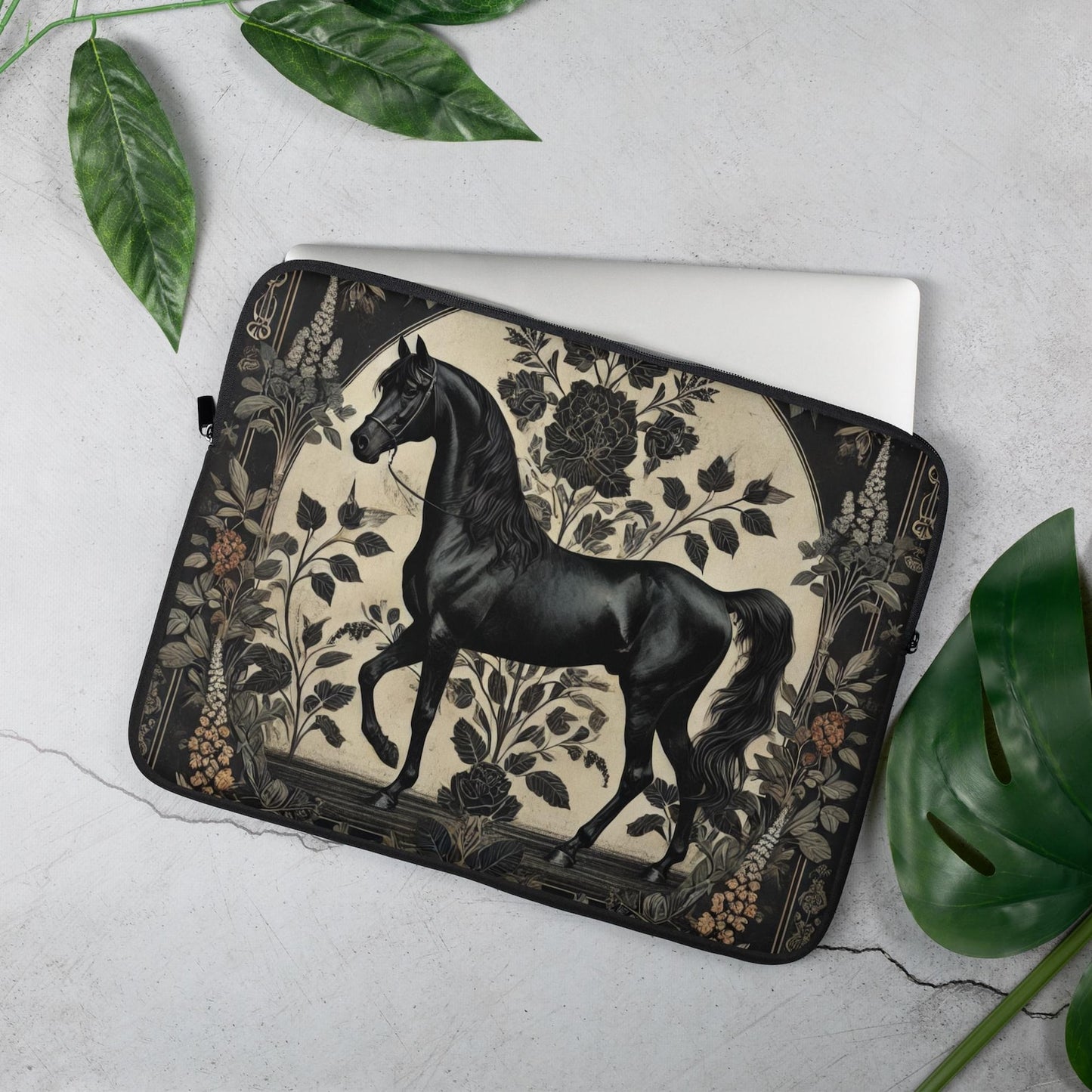 Black Stallion Laptop Sleeve, William Morris Inspired Vintage Horse Art Case, Elegant Floral Laptop Cover (12”, 13”, 15”)
