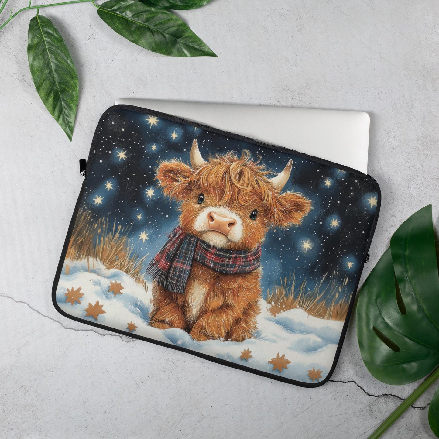 Winter Highland Cow Laptop Sleeve, Cozy Christmas Cow Art Case, Cute Scottish Highland Calf in Snow Laptop Cover (12”, 13”, 15”)