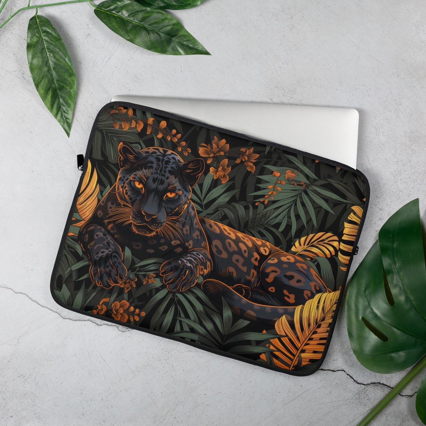Black Jaguar Laptop Sleeve, Tropical Jungle Art Case, Dark Botanical Panther Design Laptop Cover