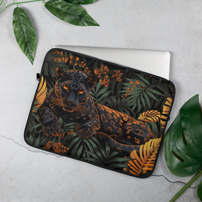 Black Jaguar Laptop Sleeve, Tropical Jungle Art Case, Dark Botanical Panther Design Laptop Cover