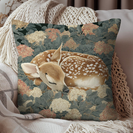 Sleeping Fawn Pillow, Woodland Baby Deer Cushion, Cottagecore Floral Throw