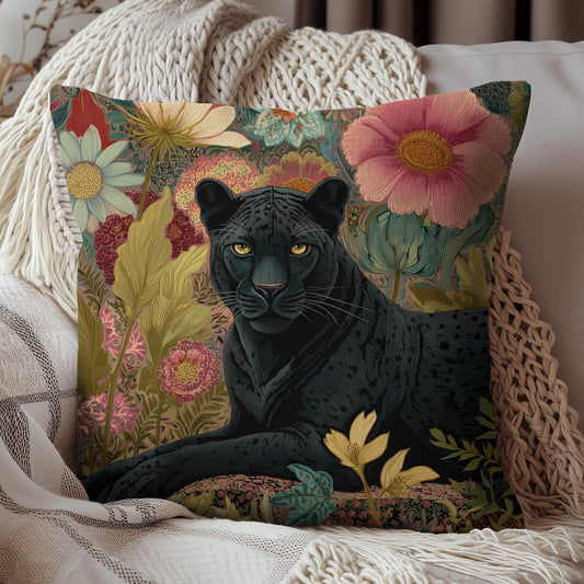 Black Panther Pillow, Elegant Botanical Animal Cushion, William Morris Inspired Floral Jungle Throw Pillow for Boho & Cottagecore Décor