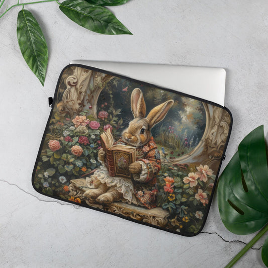 Whimsical Rabbit Reading Laptop Sleeve, Vintage Floral Bunny Art Case, Cute Protective Cover