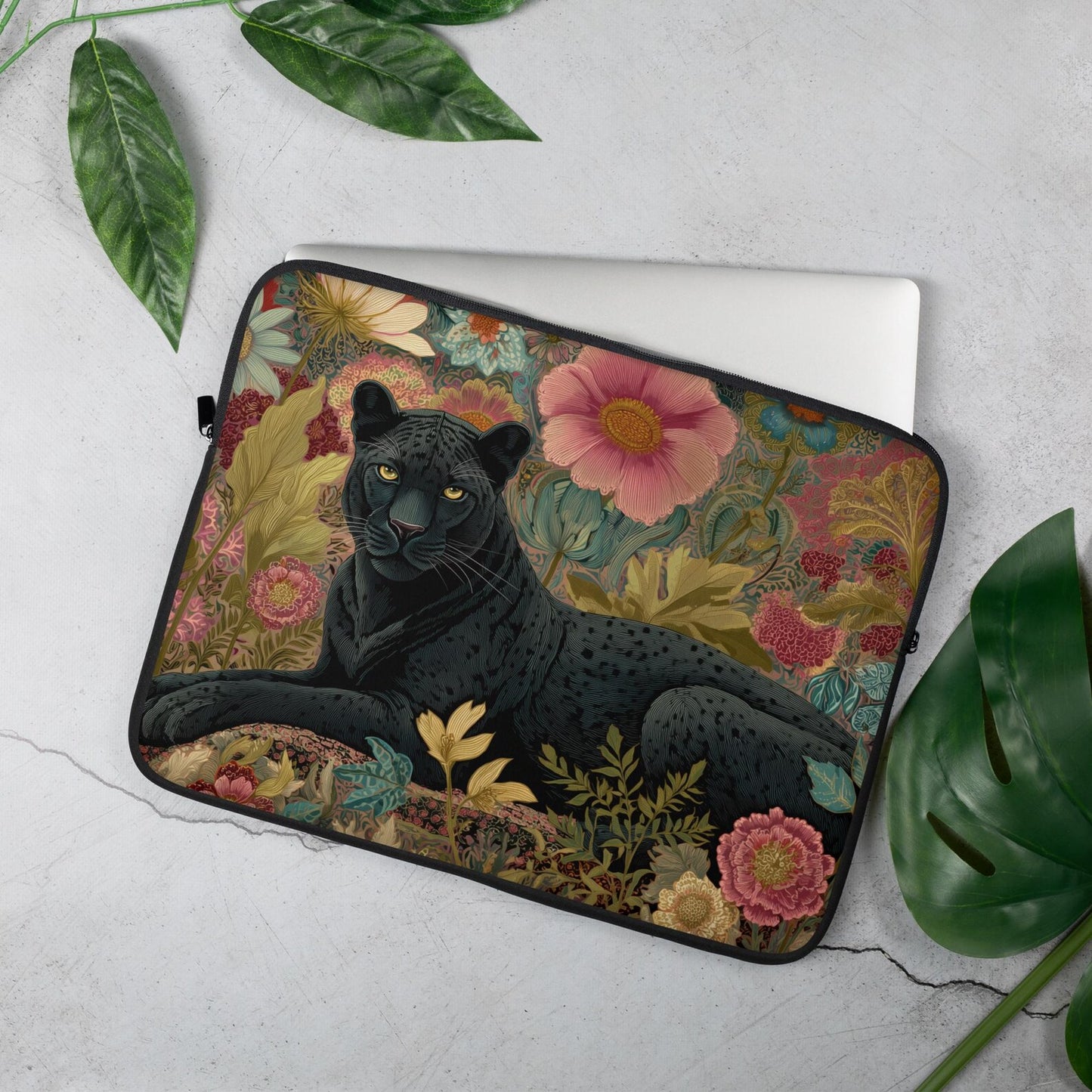Black Panther Laptop Sleeve, William Morris Inspired Floral Jungle Art Case, Elegant Vintage Botanical Laptop Cover