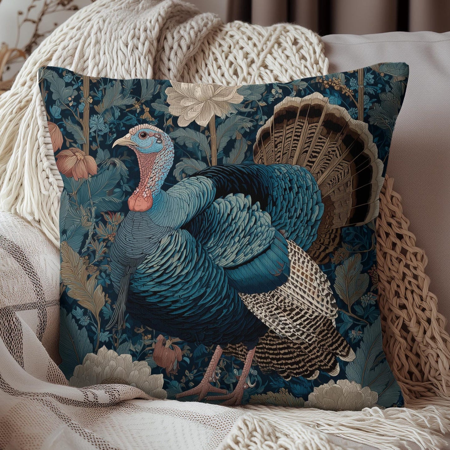 Thanksgiving Turkey Pillow, William Morris Style Cushion, Fall Decor