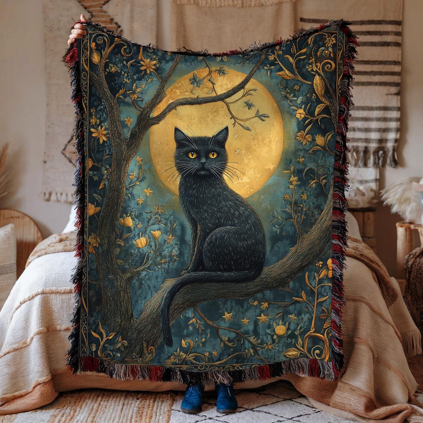Mystic Moon Cat Woven Blanket, Black Cat Tapestry Style Throw, Celestial Night Decor