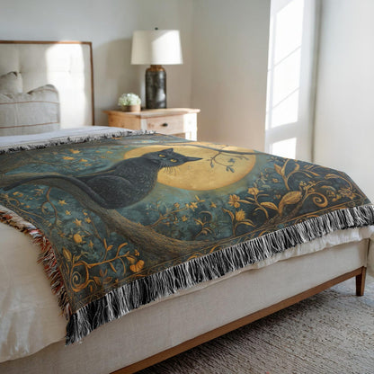 Mystic Moon Cat Woven Blanket, Black Cat Tapestry Style Throw, Celestial Night Decor