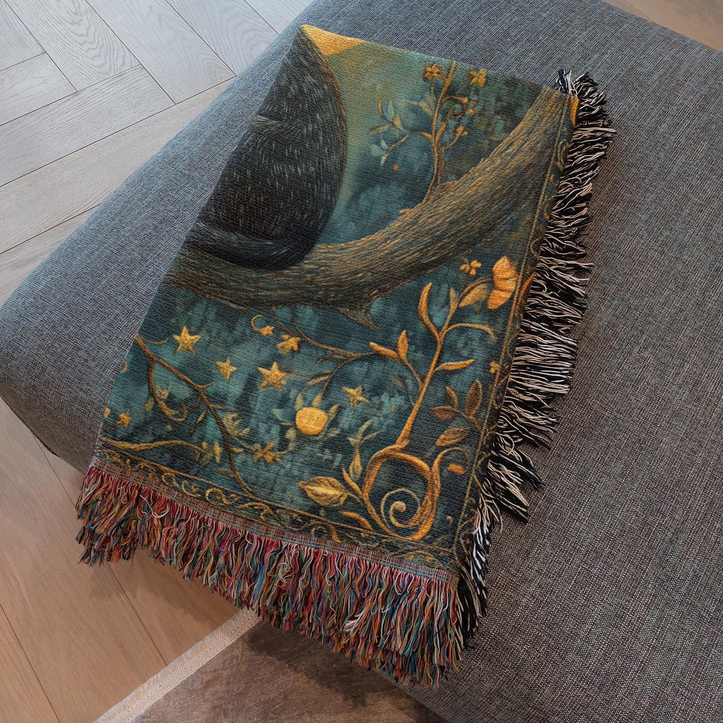 Mystic Moon Cat Woven Blanket, Black Cat Tapestry Style Throw, Celestial Night Decor