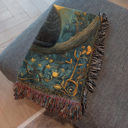 Mystic Moon Cat Woven Blanket, Black Cat Tapestry Style Throw, Celestial Night Decor