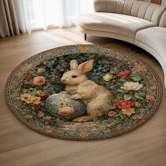 Victorian Bunny Round Rug, 5ft Vintage Rabbit with Floral Ball, William Morris Style Tapestry Animal Carpet