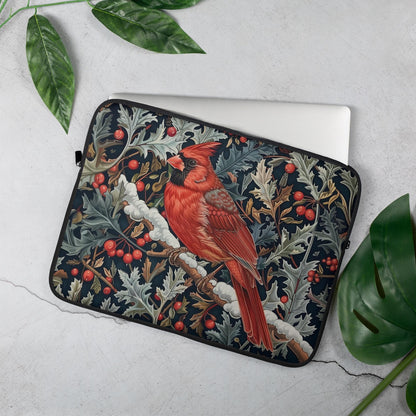 Cardinal Laptop Sleeve, William Morris Inspired Winter Bird Art Case, Red Cardinal Floral Laptop Cover