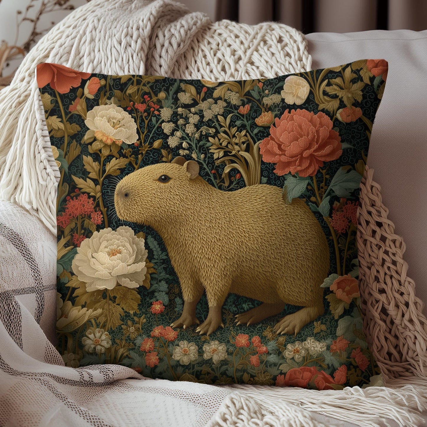 Capybara Vintage Floral Garden Pillow, William Morris Style Animal Cushion Pillow