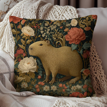Capybara Vintage Floral Garden Pillow, William Morris Style Animal Cushion Pillow