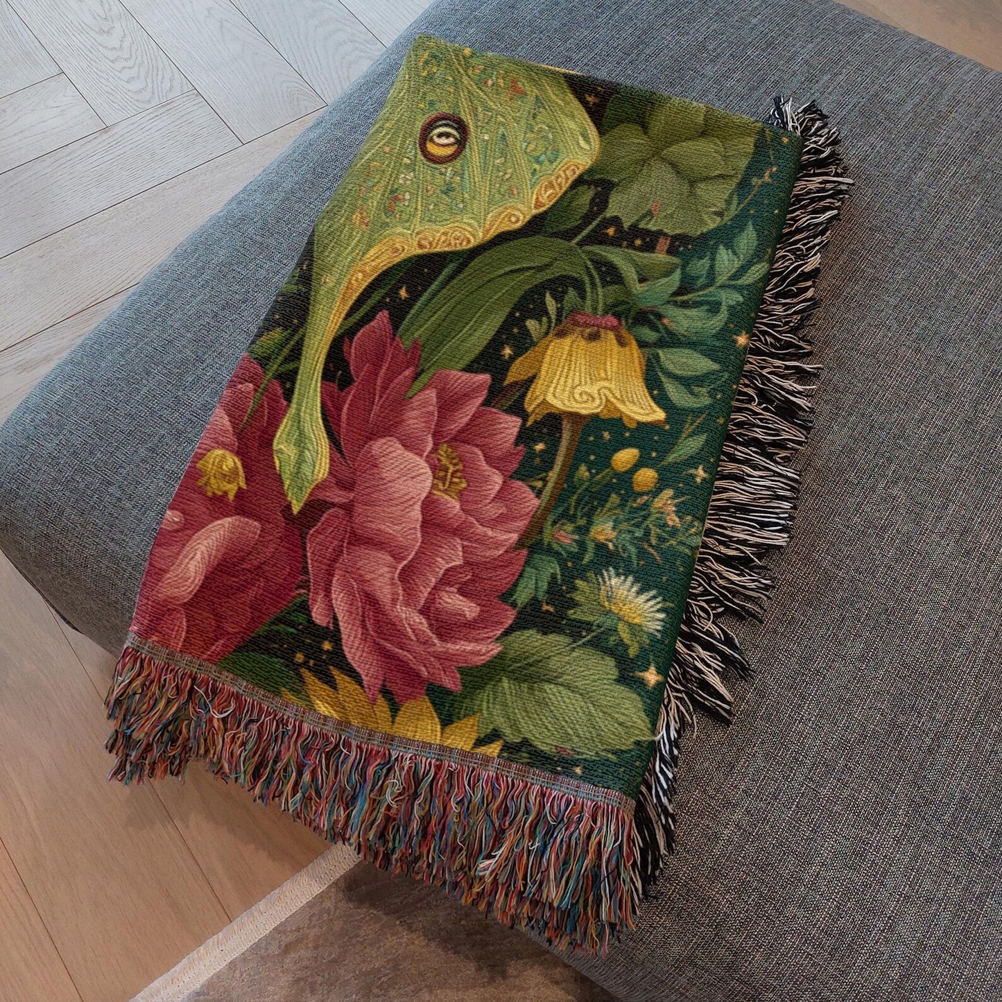 Vintage Luna Moth Garden Roses Woven Blanket, Botanical Boho Tapestry Throw