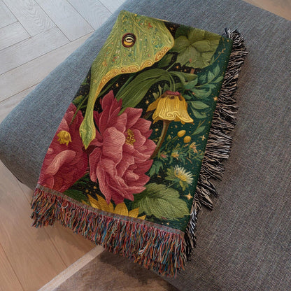 Vintage Luna Moth Garden Roses Woven Blanket, Botanical Boho Tapestry Throw