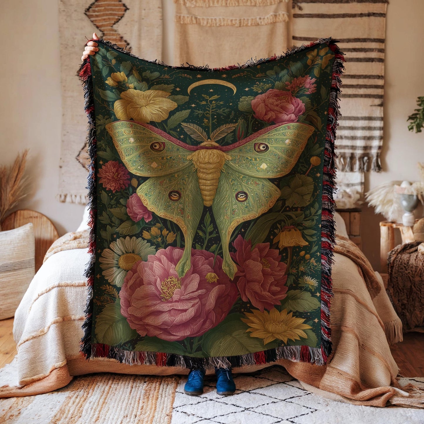 Vintage Luna Moth Garden Roses Woven Blanket, Botanical Boho Tapestry Throw