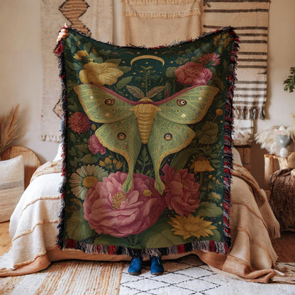 Vintage Luna Moth Garden Roses Woven Blanket, Botanical Boho Tapestry Throw