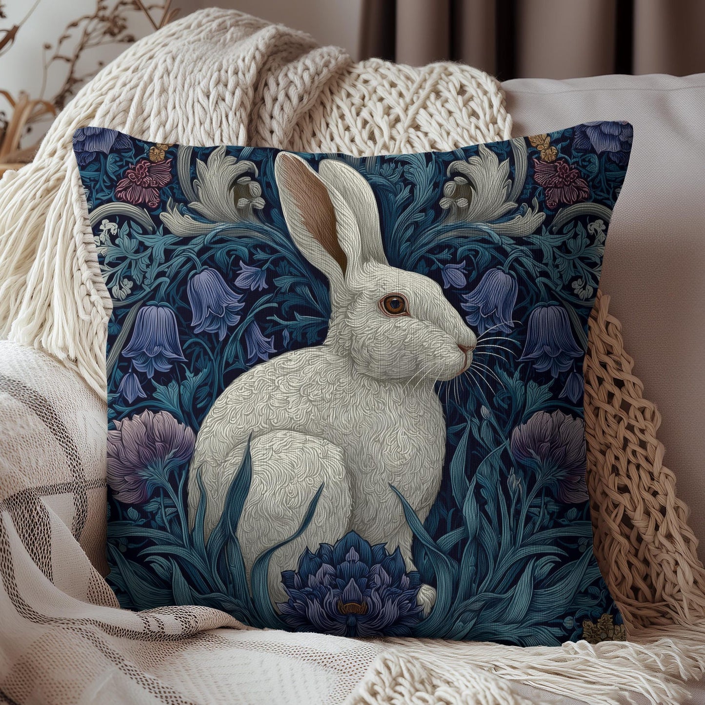 White Rabbit Floral Pillow, William Morris Style Botanical Bunny Cushion for Cozy Home Décor