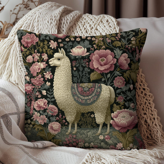 Llama Floral Pillow, William Morris Style Animal Cushion with Vintage Botanical Design