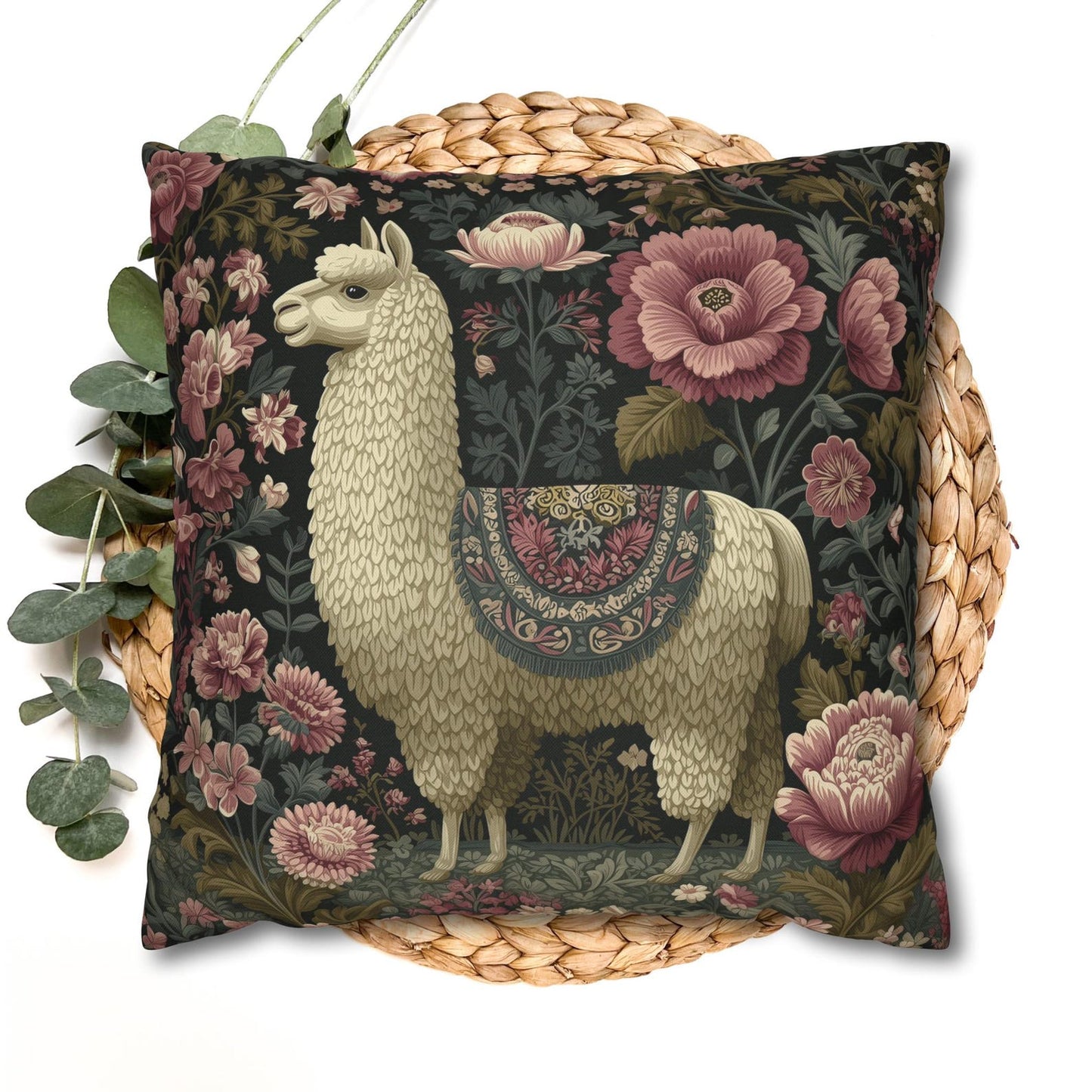 Llama Floral Pillow, William Morris Style Animal Cushion with Vintage Botanical Design