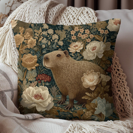 Capybara Botanical Pillow, William Morris Style Vintage Floral Animal Cushion
