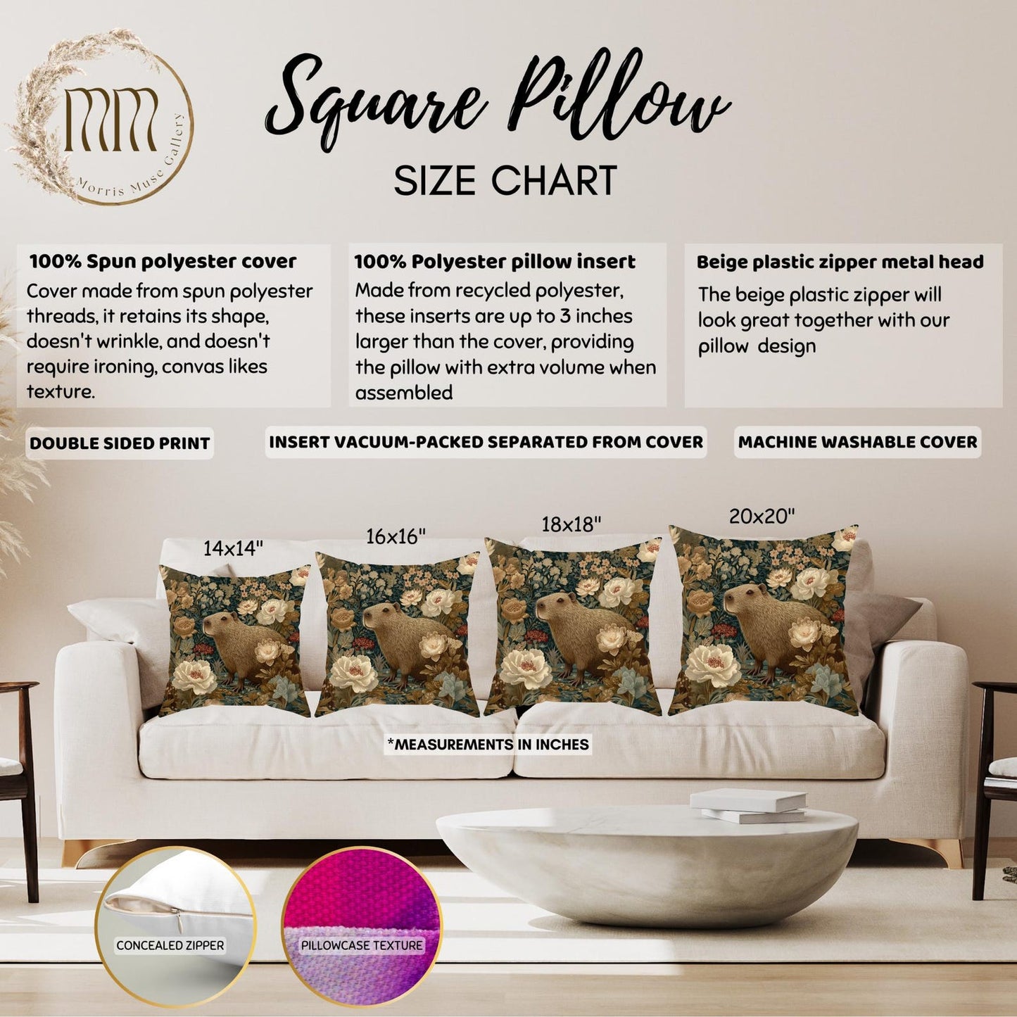 Capybara Botanical Pillow, William Morris Style Vintage Floral Animal Cushion