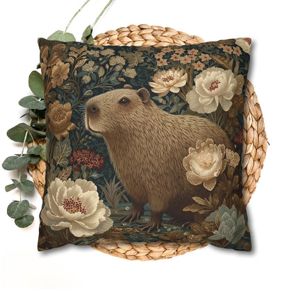 Capybara Botanical Pillow, William Morris Style Vintage Floral Animal Cushion