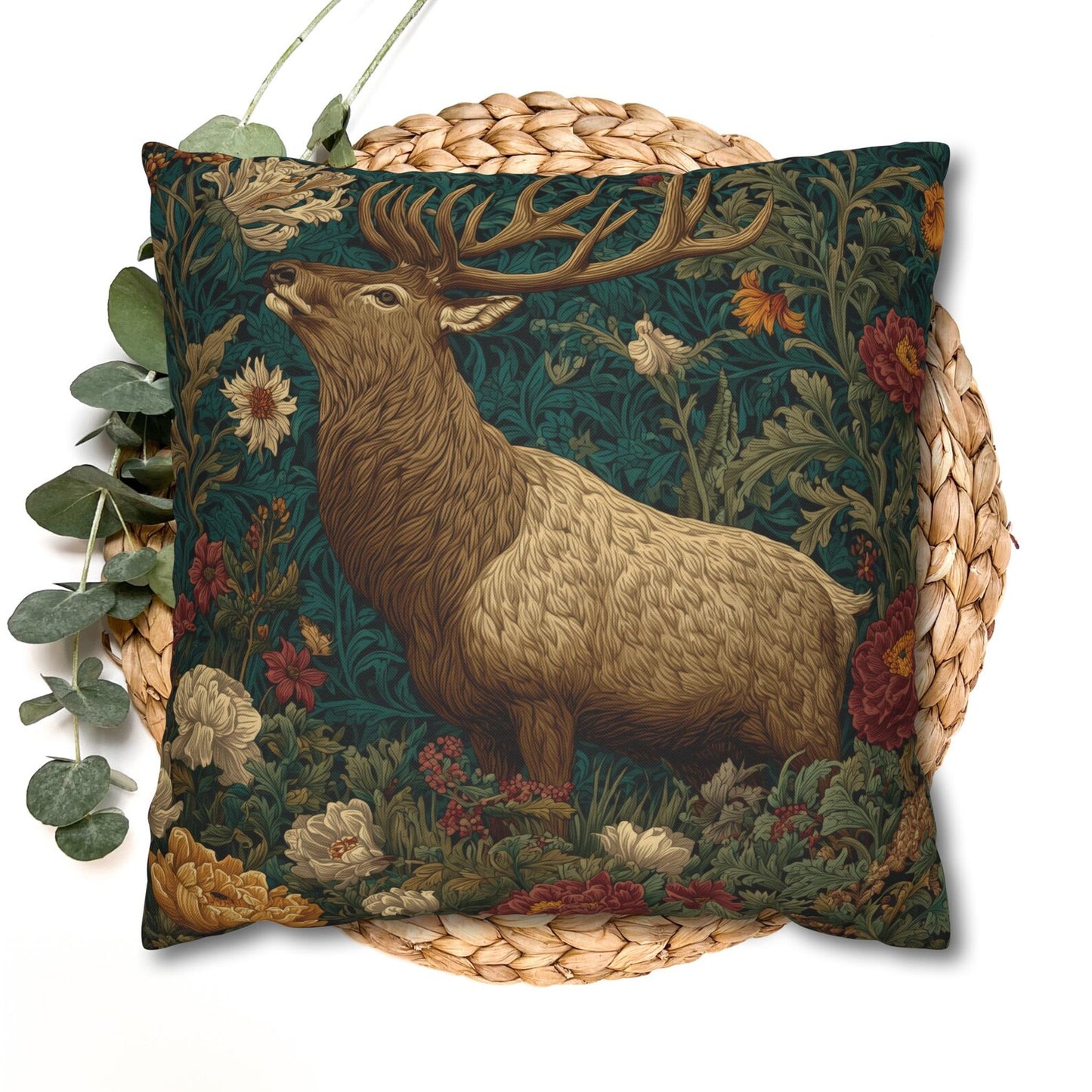 Majestic Elk Floral Pillow, William Morris Inspired Woodland Elf Decorative Pillow