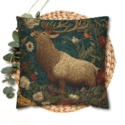 Majestic Elk Floral Pillow, William Morris Inspired Woodland Elf Decorative Pillow