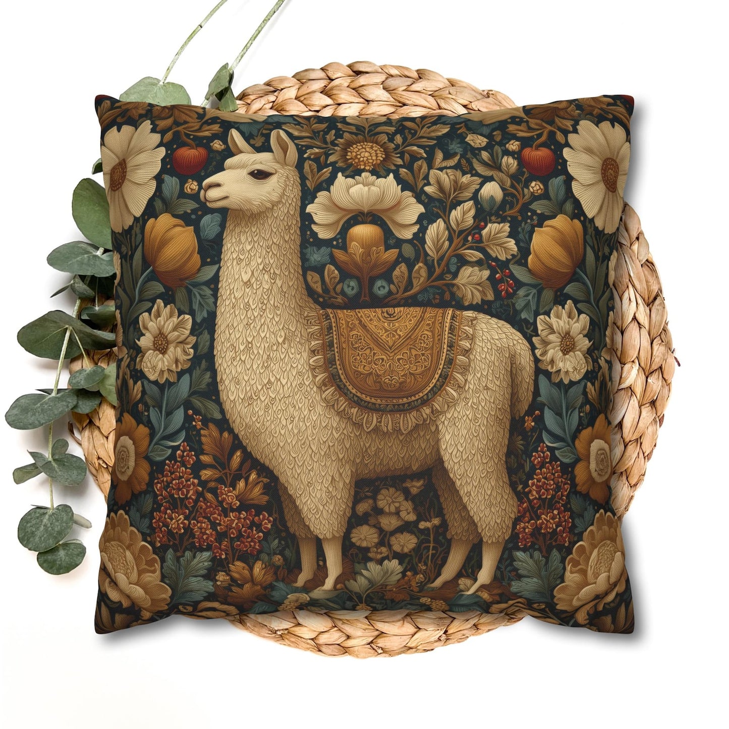 Golden Alpaca Floral Pillow, William Morris Style Botanical Animal Cushion Home Décor