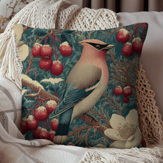 Waxwing Winterberry Pillow, William Morris Style Bird Cushion, Vintage Botanical Decor, Winter Nature Throw Pillow